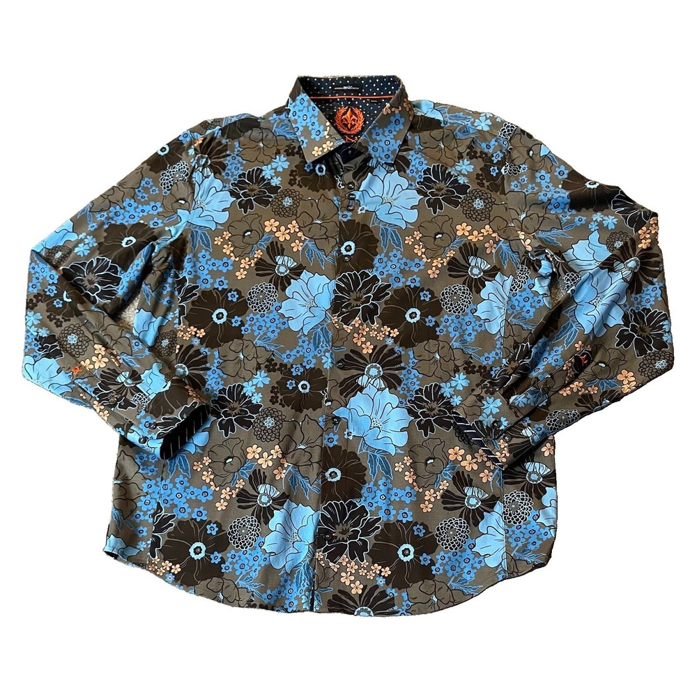 Au Noir 360 Stretch Floral Button Shirt 2XL Long Sleeve Fleur De Lis Blue Gray
